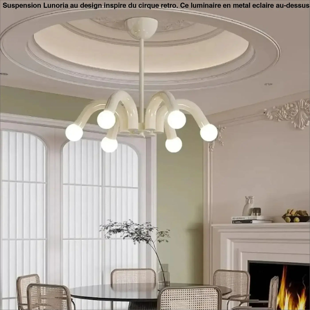Suspension luminaire kandi blanc moderne avec bras courbés et ampoules sphériques style pop art