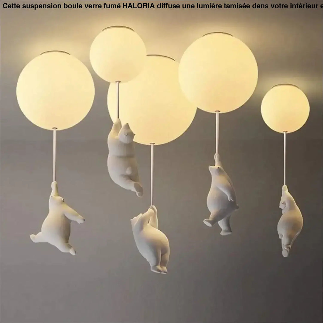 Suspension boule verre fume haloria en céramique blanche avec globes sphériques en verre fumé givré pour plafond