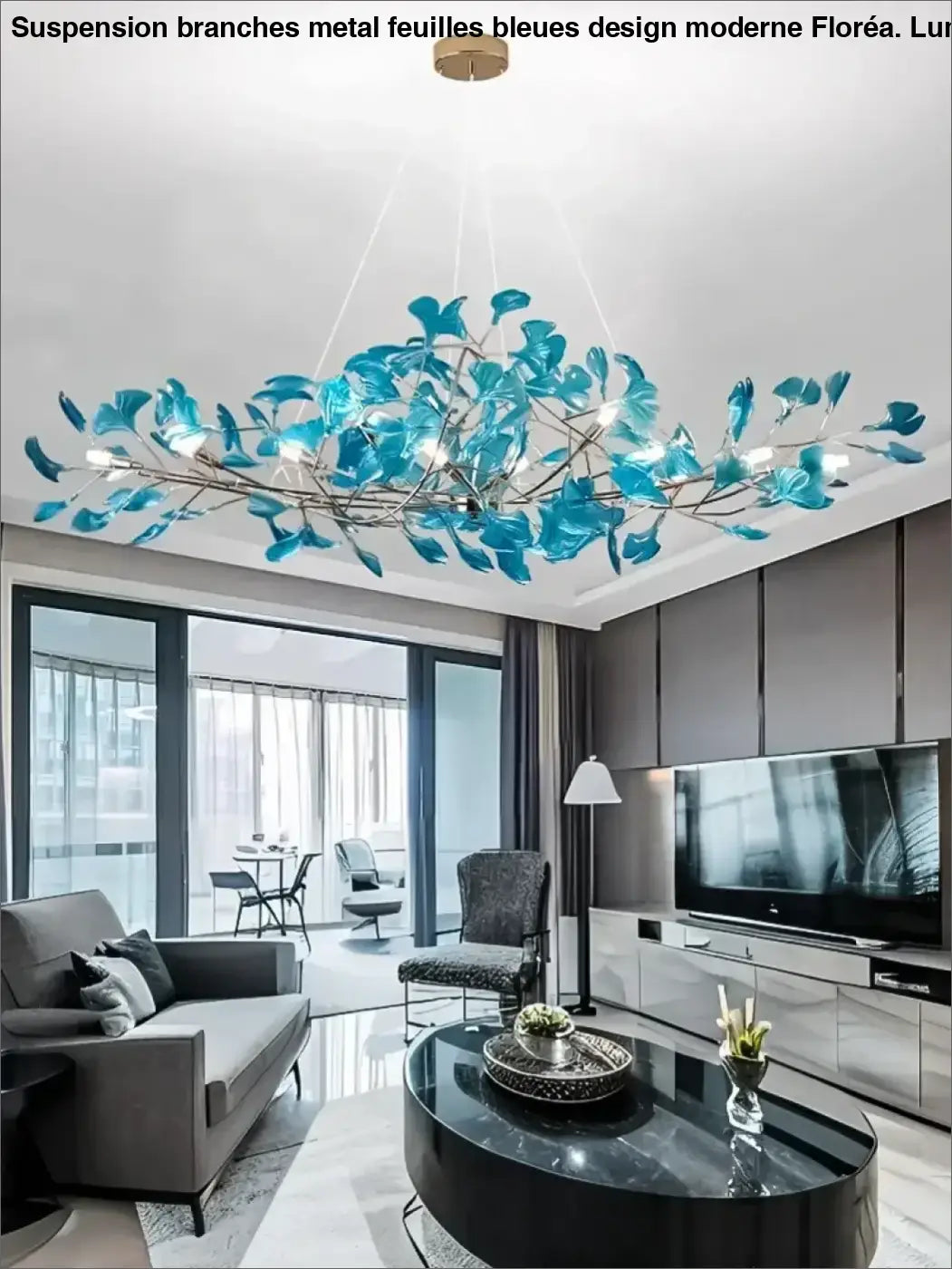 Suspension Branches Métal Feuilles Bleues Design Moderne

