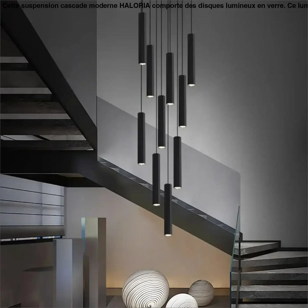 Suspension Cascade Moderne Cylindres Noirs Pour Escalier Chic
