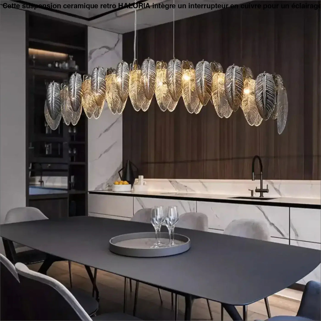 Suspension design en verre effet feuillage doré argent