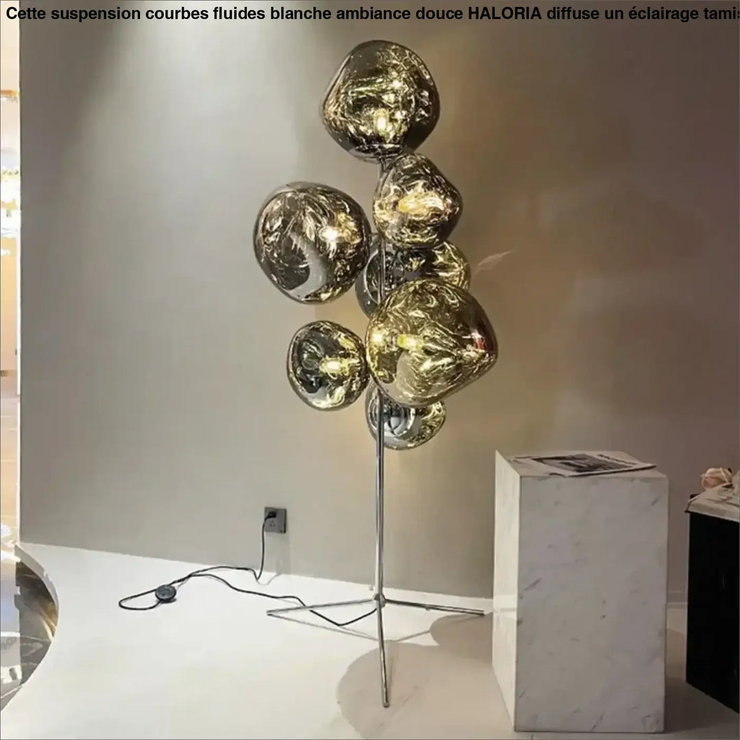 Lampadaire design en verre fumé ambré et chrome moderne