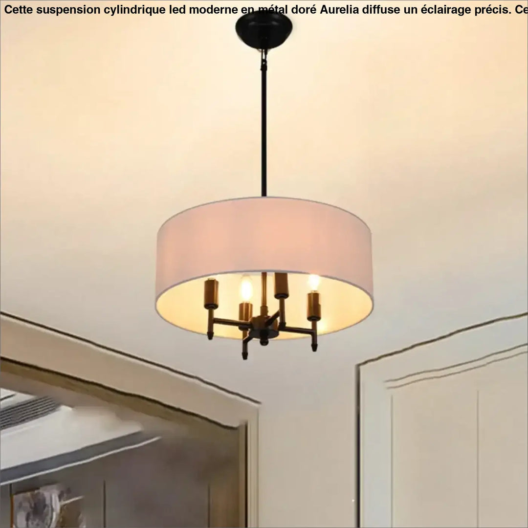Suspension Abat Jour Tissu Moderne Rond Blanc Noir Doré Élégant