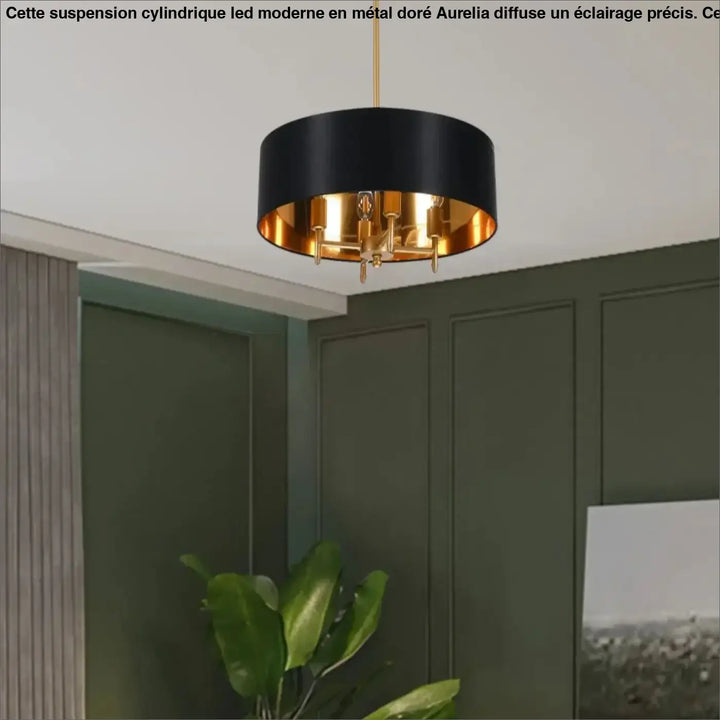 Suspension Abat Jour Tissu Moderne Rond Blanc Noir Doré Élégant