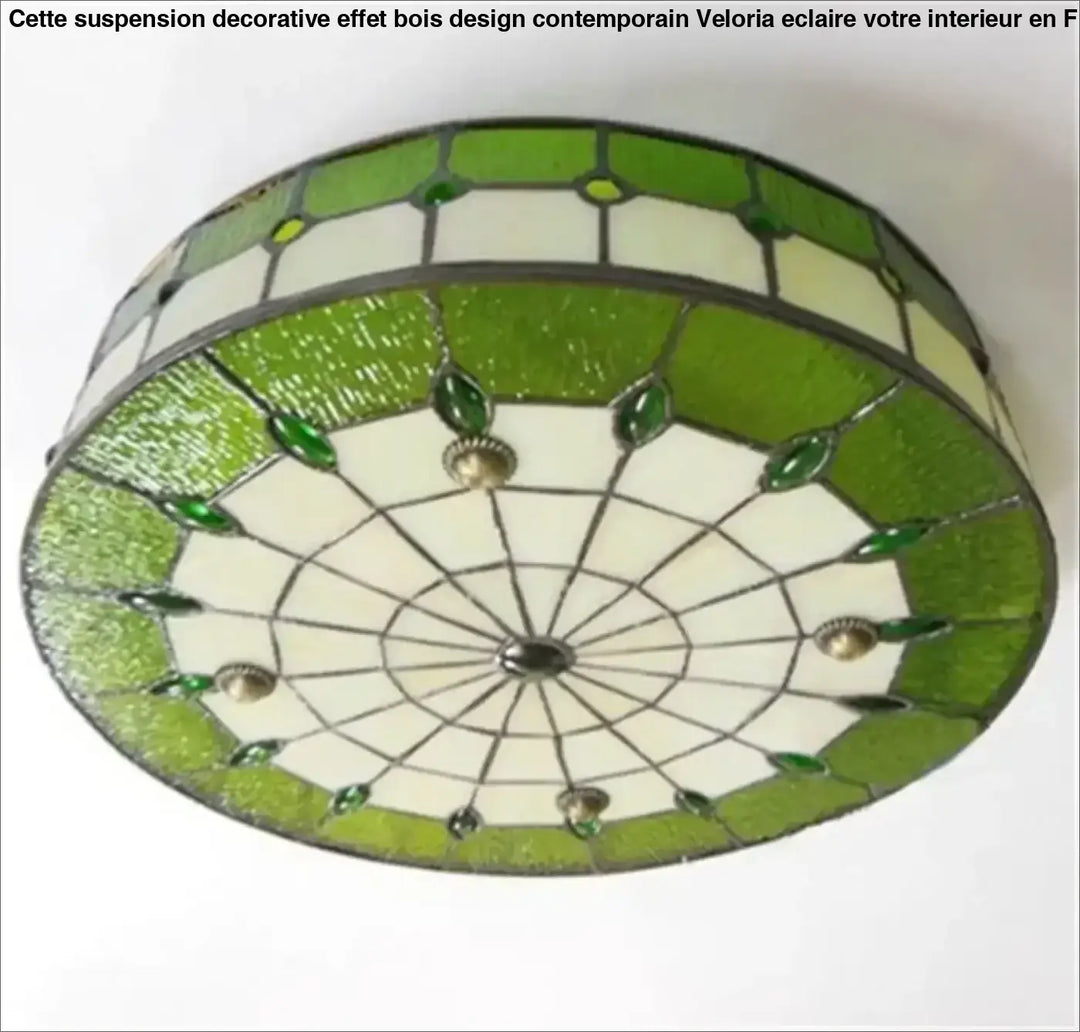 Suspension decorative effet bois avec verre teinté vert et crème cadre métallique design contemporain veloria