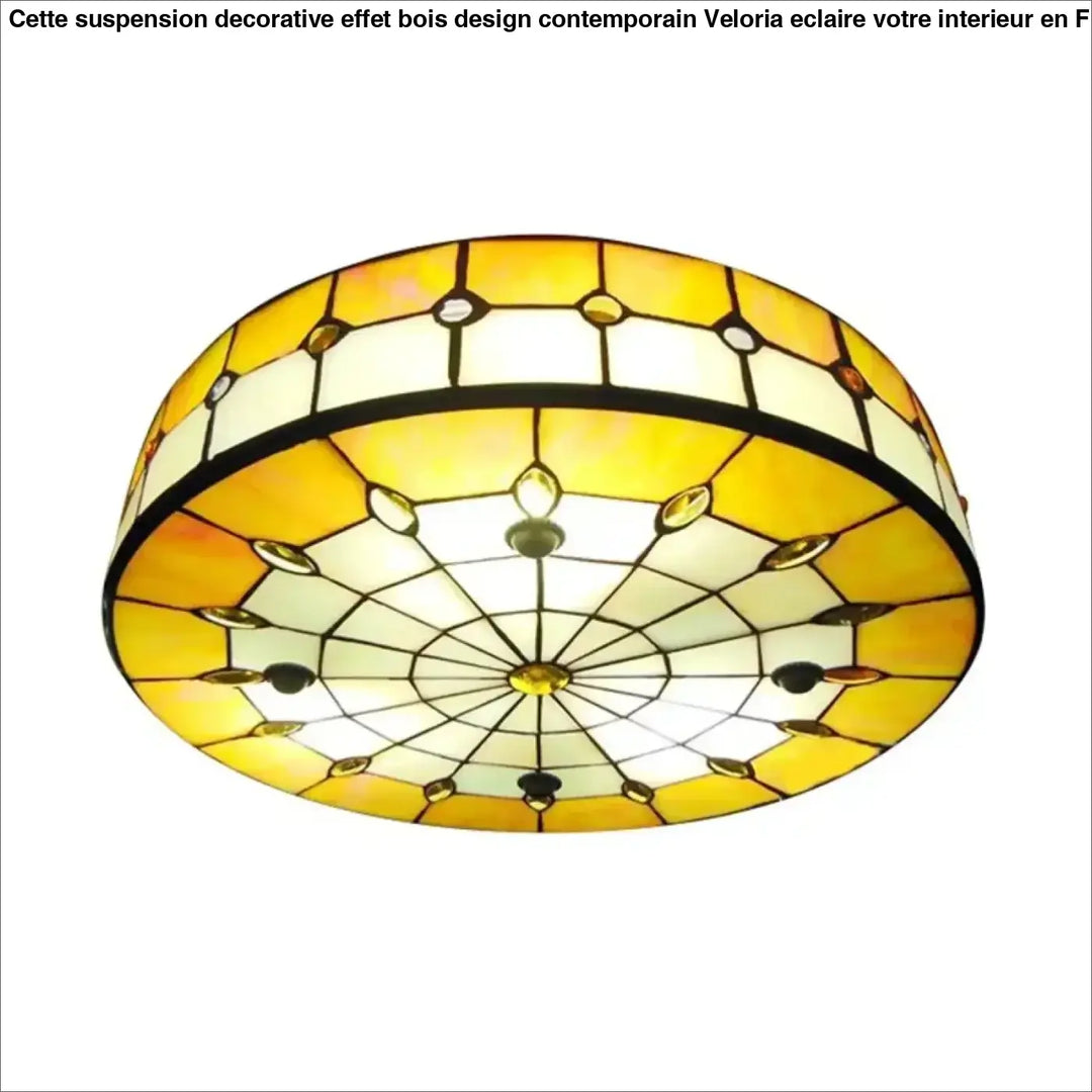 Suspension decorative effet bois avec effet bois design contemporain en vitrail cercle jaune chaud et crème veloria