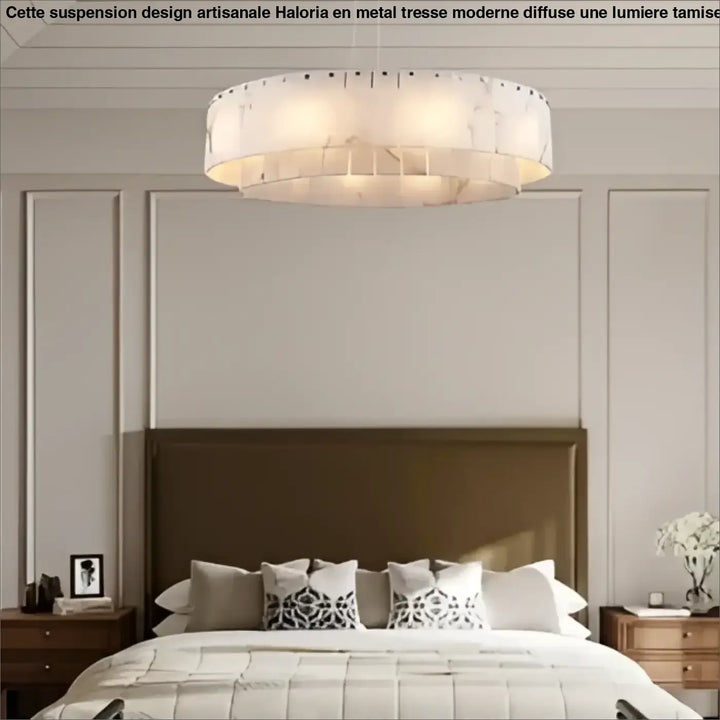 Suspension circulaire effet marbre led design blanc chic