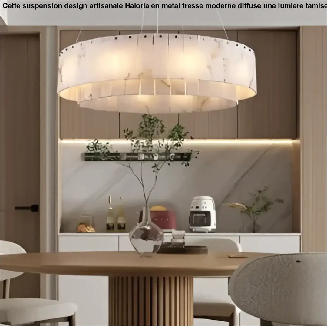 Suspension circulaire effet marbre led design blanc chic
