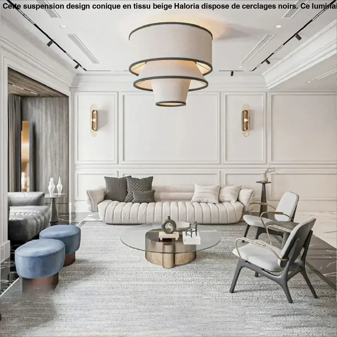 Suspension design conique en tissu beige et cerclages noirs

