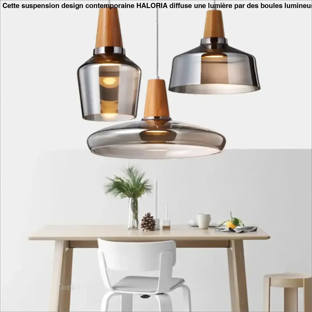 Suspension luminaire en verre fumé et bois design moderne élégant