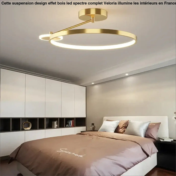 Suspension design effet bois led spectre complet veloria en métal doré circulaire avec design minimaliste moderne