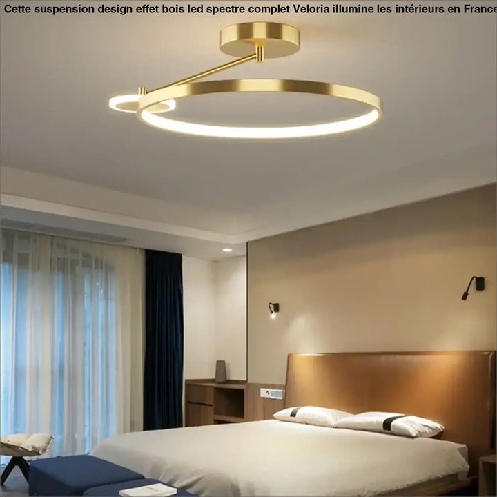 Suspension design effet bois led spectre complet veloria luminaire circulaire moderne finition or minimaliste