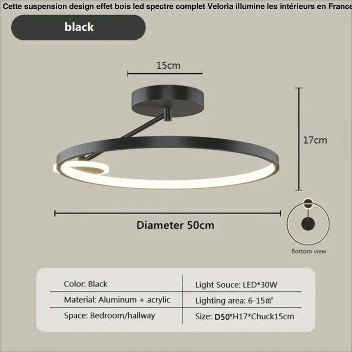 Suspension design effet bois led spectre complet veloria avec lumière circulaire blanche et design aluminium acrylique élégant