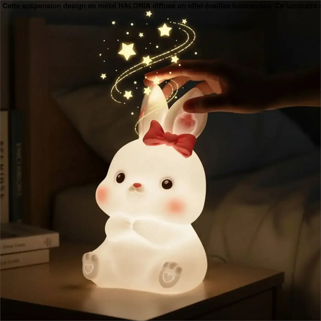 Veilleuse lapin girly ostara blanche lumineuse avec nœud rouge et motifs d étoiles pour chambre enfant