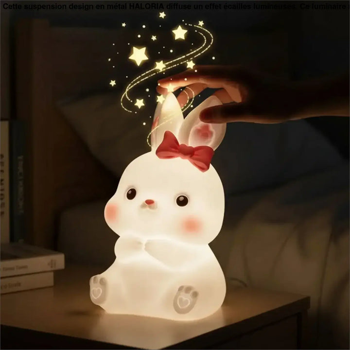 Veilleuse lapin girly ostara blanche lumineuse avec nœud rouge et motifs d étoiles pour chambre enfant