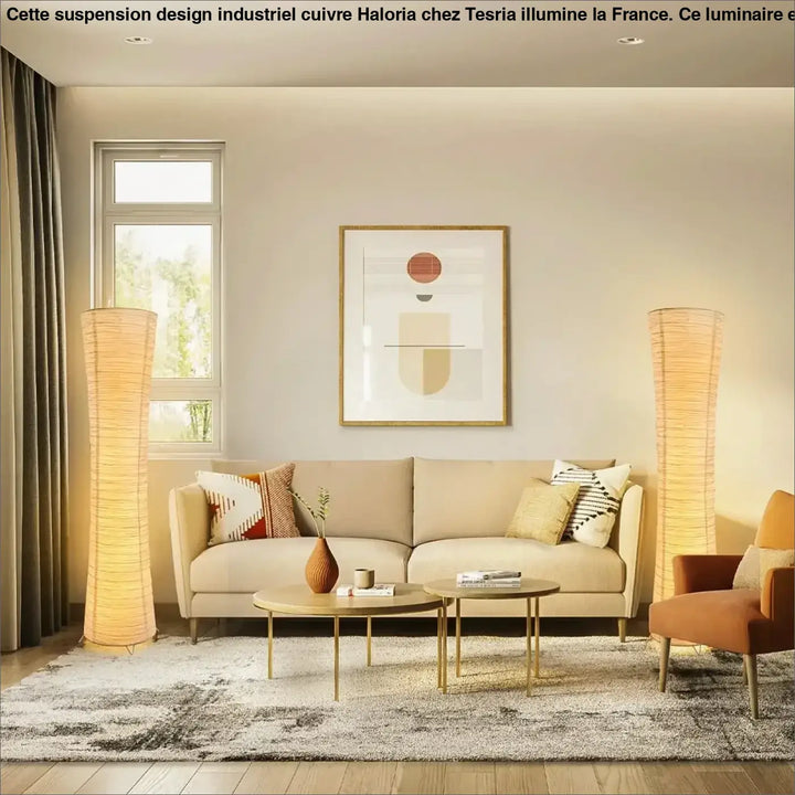 Lampadaire design en papier blanc avec lumière chaleureuse épuré