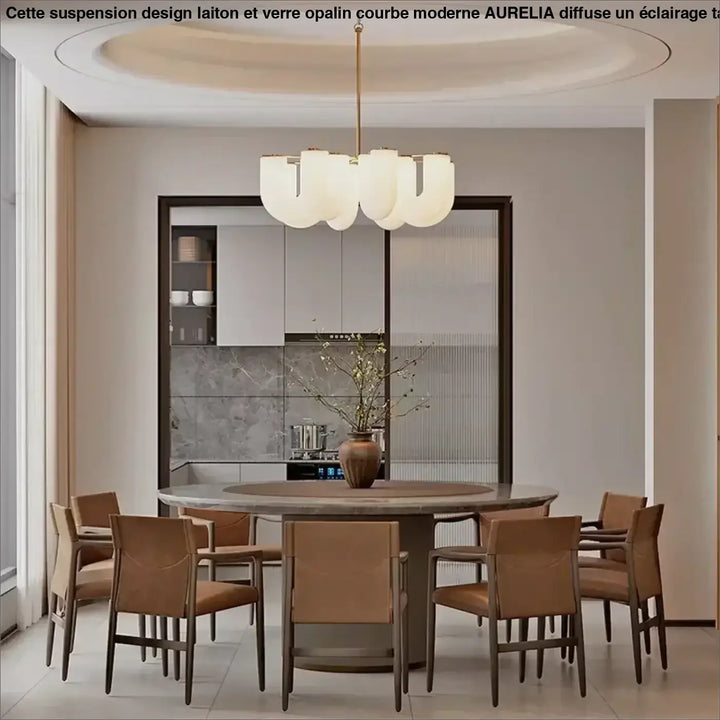 Suspension Design Laiton et Verre Opalin Courbé Moderne

