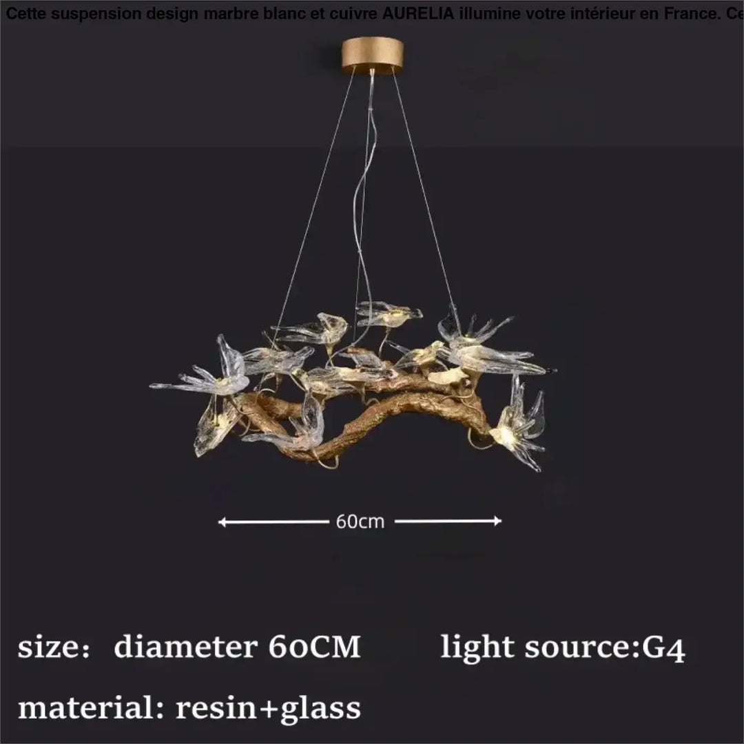 Suspension luminaire artistique oiseaux en verre doré