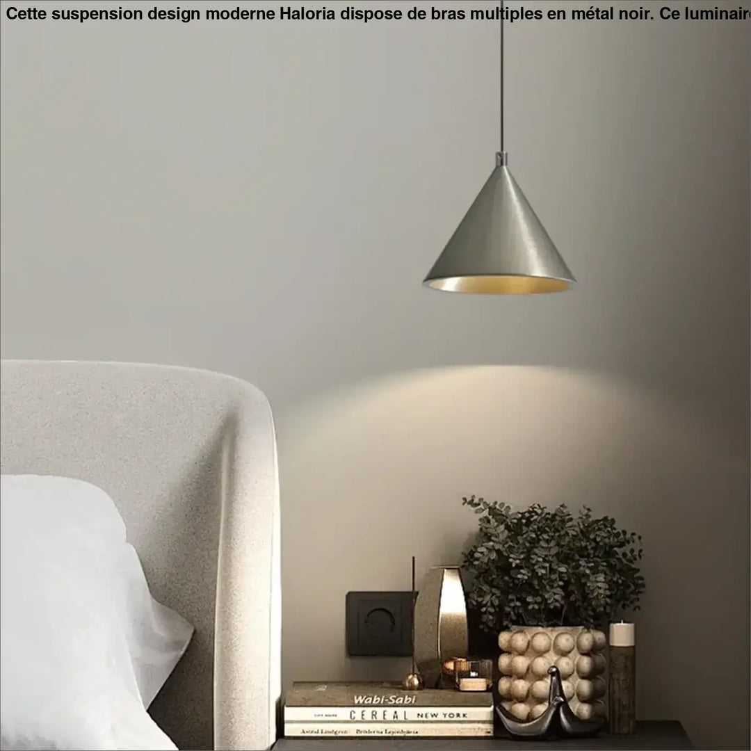 Suspension luminaire conique métal gris intérieur doré design