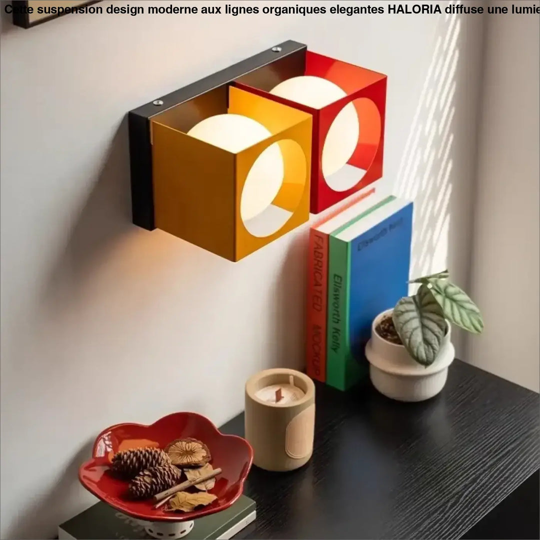 Suspension design moderne haloria avec lignes organiques elegantes applique murale geometrique jaune rouge cadre metal noir
