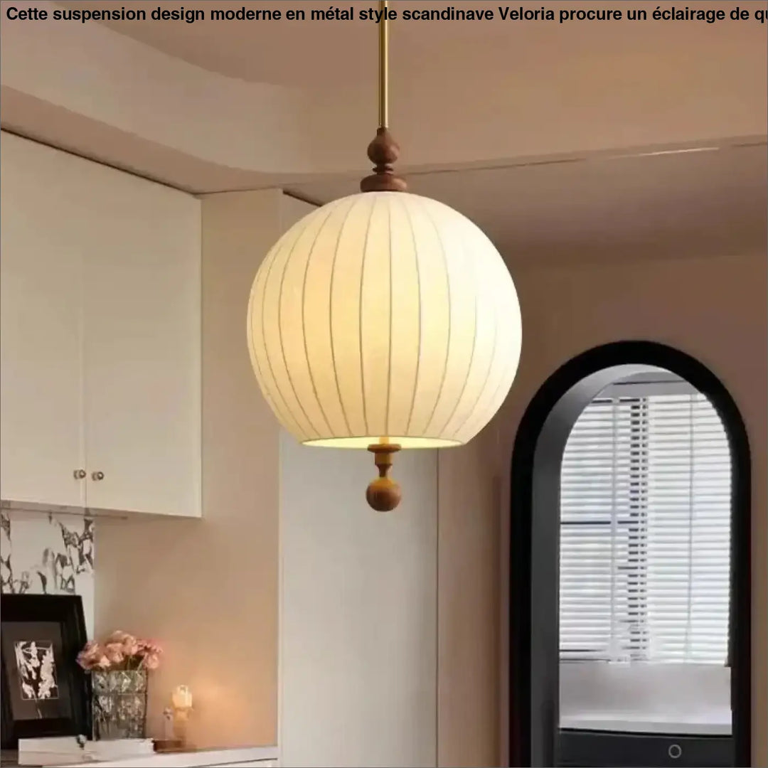 Suspension design en tissu et bois naturel blanc chic