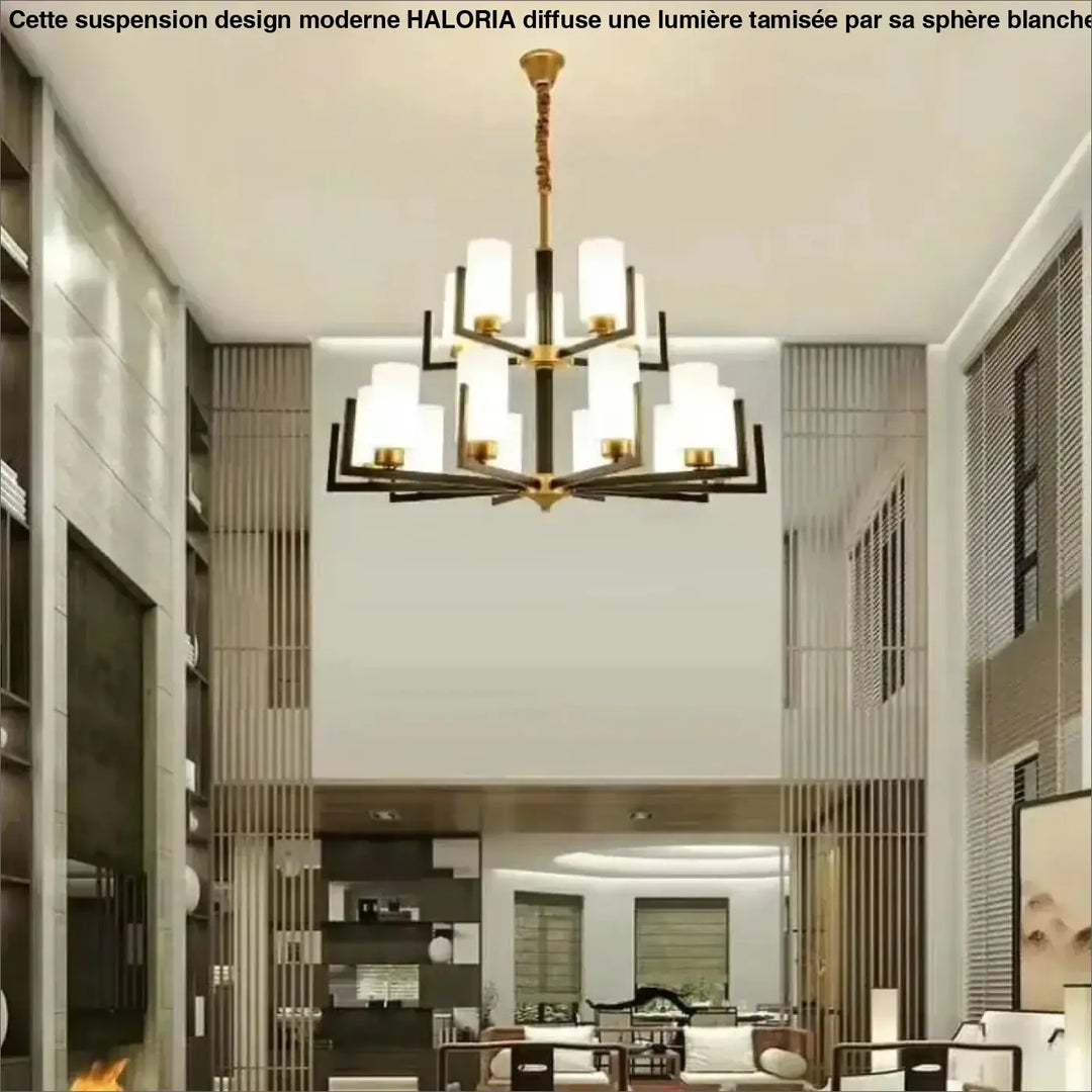Suspension lustre contemporain noir doré et abat-jour verre chic