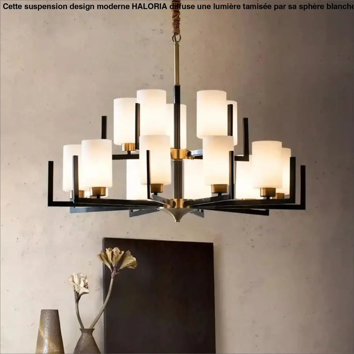 Suspension lustre contemporain noir doré et abat-jour verre chic