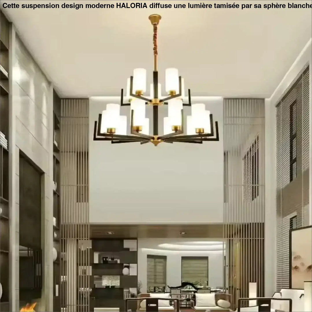 Suspension lustre contemporain noir doré et abat-jour verre chic