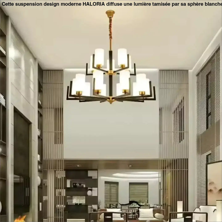 Suspension lustre contemporain noir doré et abat-jour verre chic