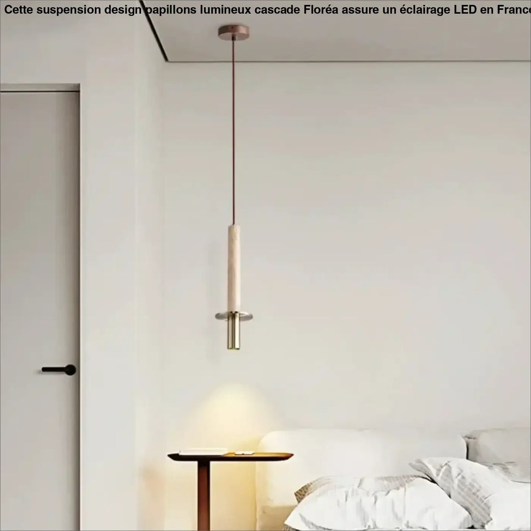 Suspension design moderne avec tige en métal et abat-jour cylindrique

