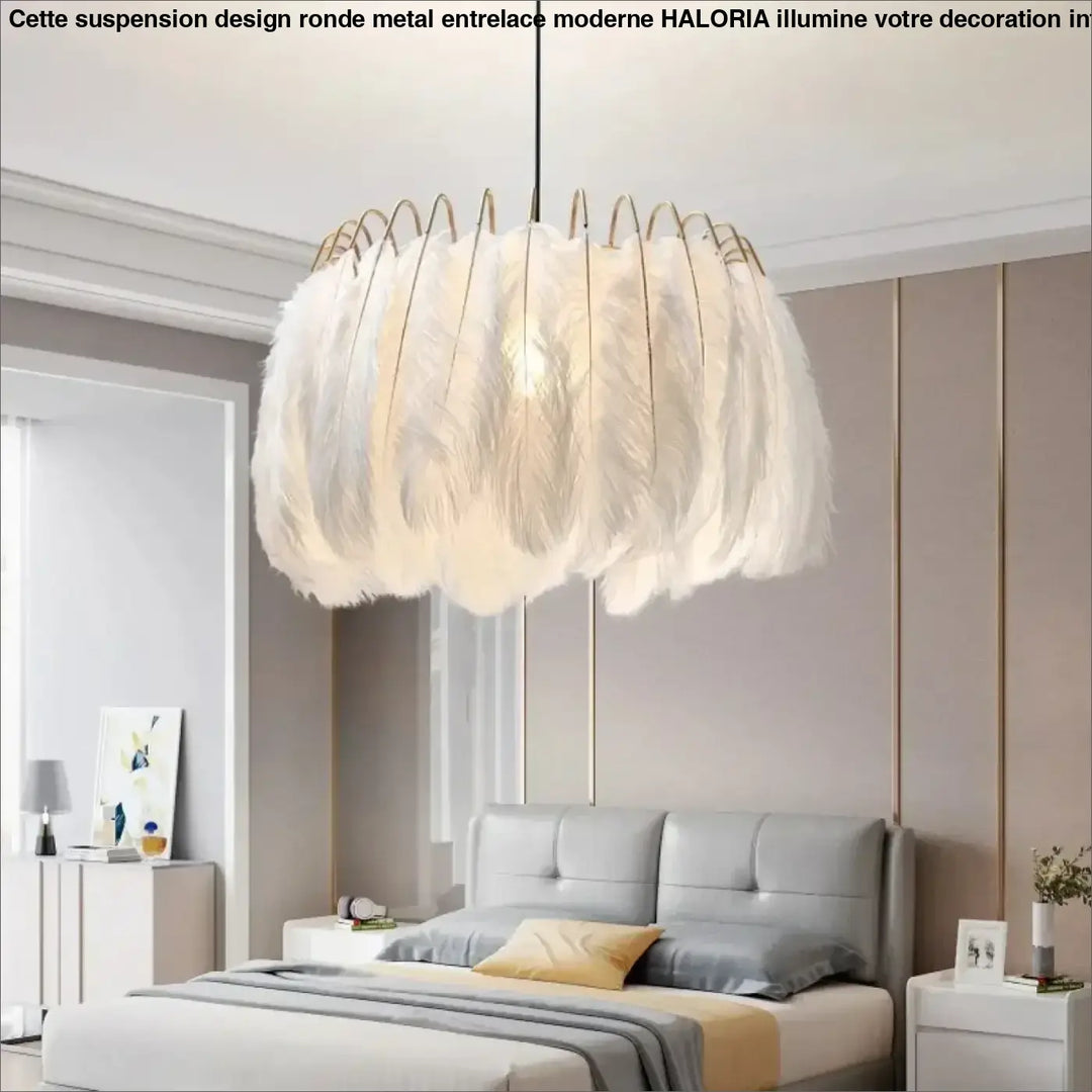 Suspension Design Plumes Blanches Élégante Doré Chic