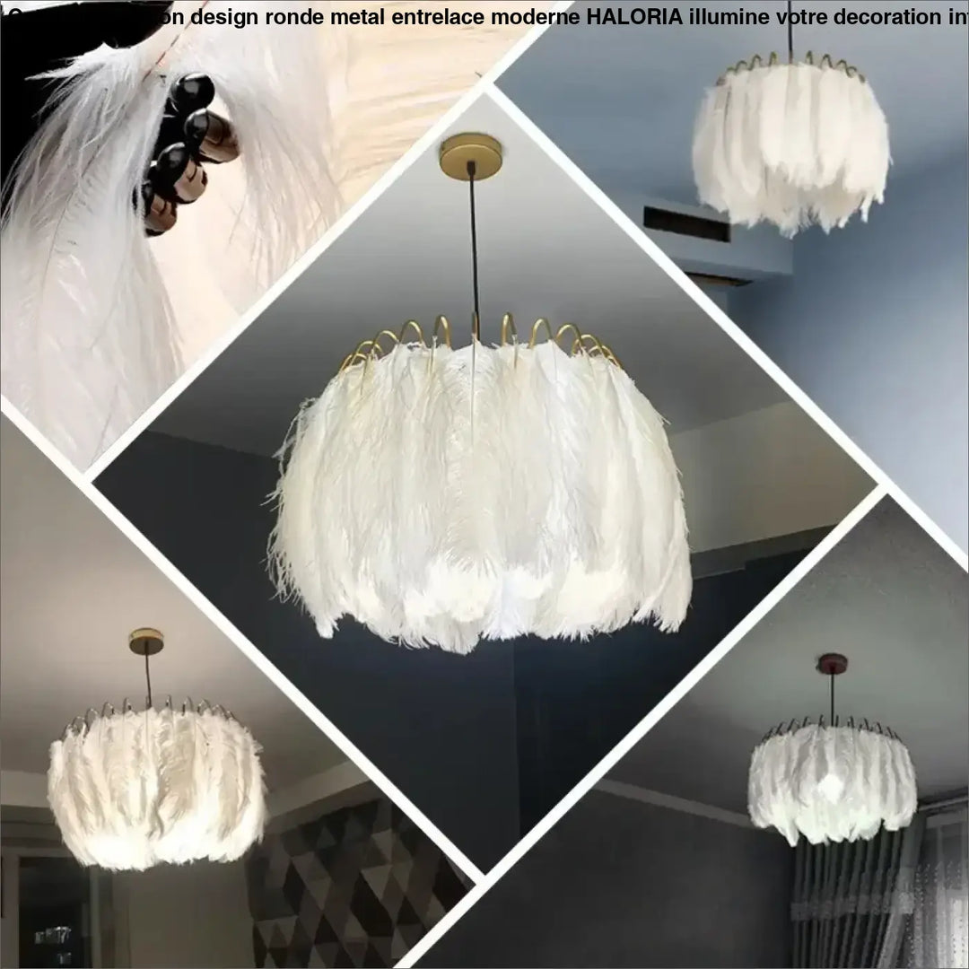 Suspension Design Plumes Blanches Élégante Doré Chic