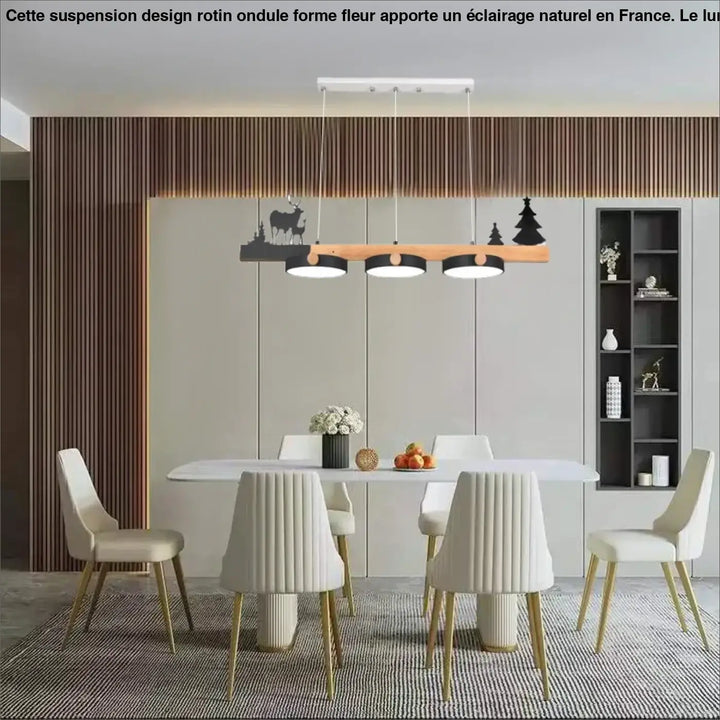 Suspension design rotin ondulé forme fleur bohème avec silhouettes noires de cerfs et arbres en bois moderne