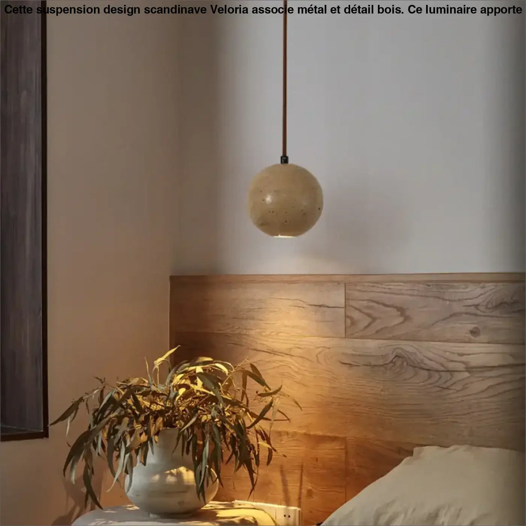 Suspension luminaire boule en pierre beige au style minimaliste