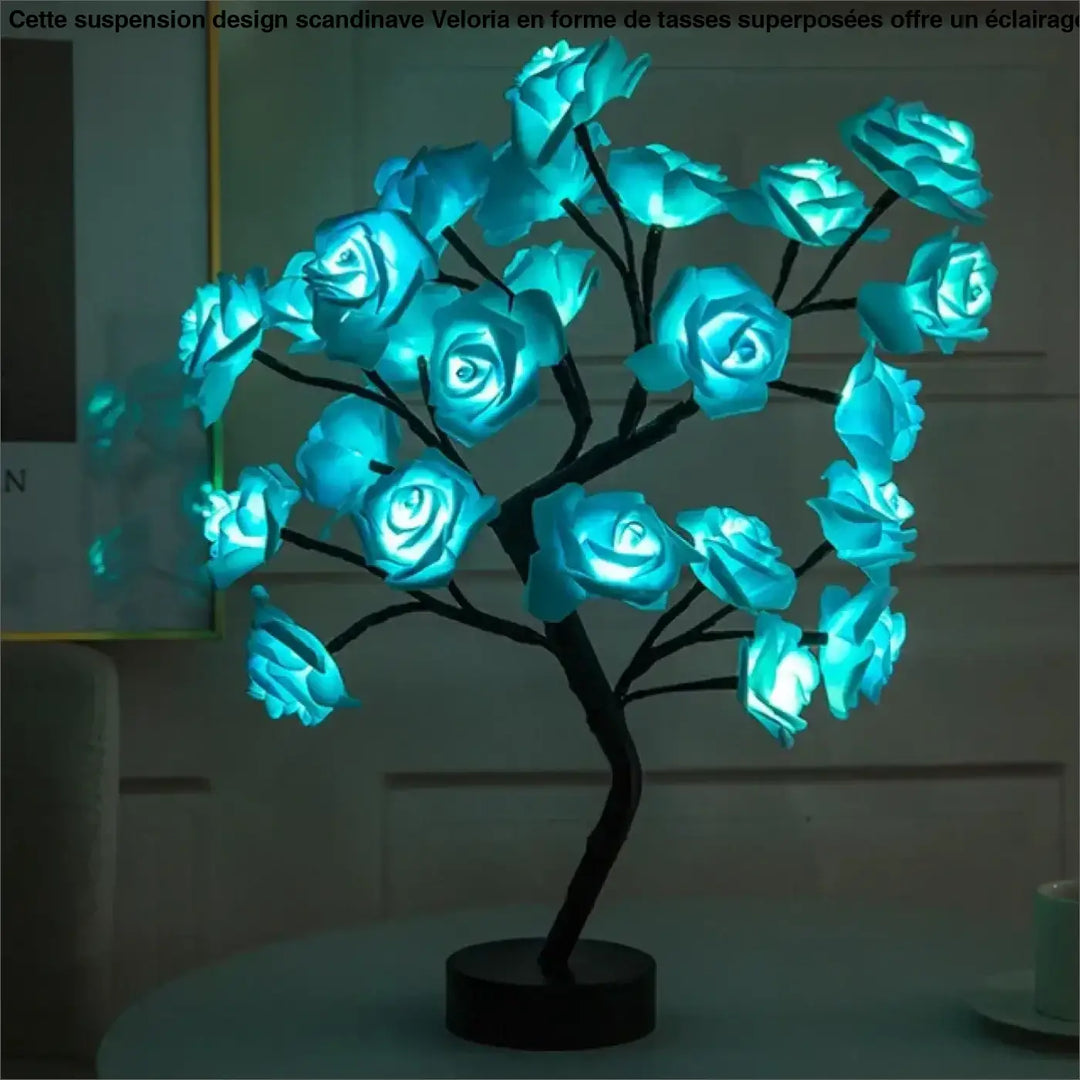 Lampe de chevet forme d’arbre ornée d’une rose bleue lumineuse avec base noire, lampe décorative unique LIROSE