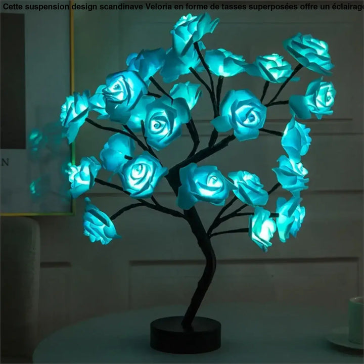 Lampe de chevet forme d’arbre ornée d’une rose bleue lumineuse avec base noire, lampe décorative unique LIROSE