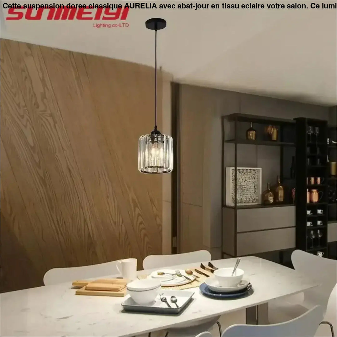 Suspension luminaire cristal doré et noir cylindrique élégant

