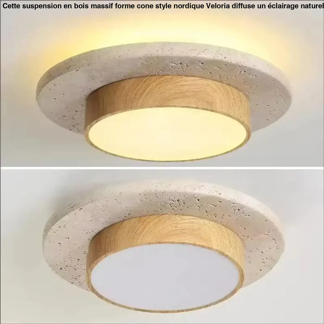 Suspension en bois massif forme cone style nordique avec anneau extérieur en béton texturé et bande intérieure en bois naturel