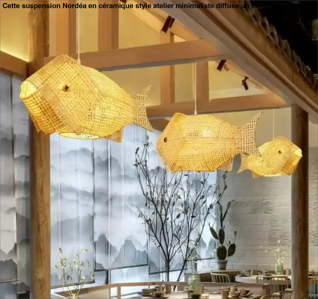 Suspension luminaire design poisson en osier naturel chic