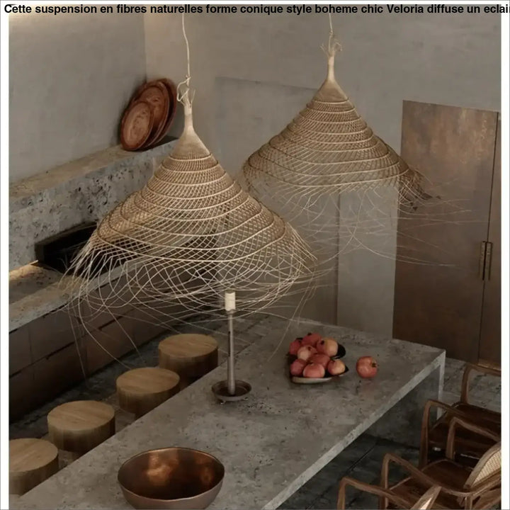 Suspension en fibres naturelles forme conique style bohème chic

