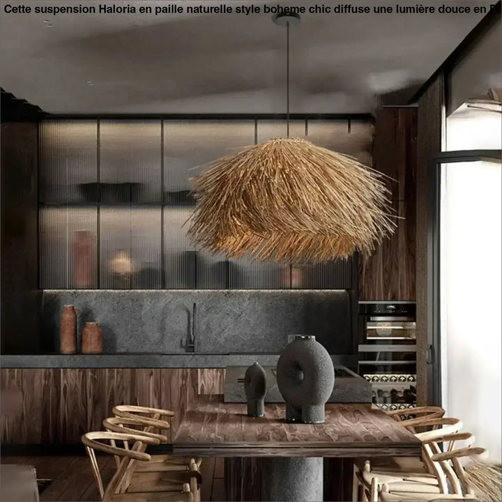Suspension en paille naturelle style bohème chic lumineux


