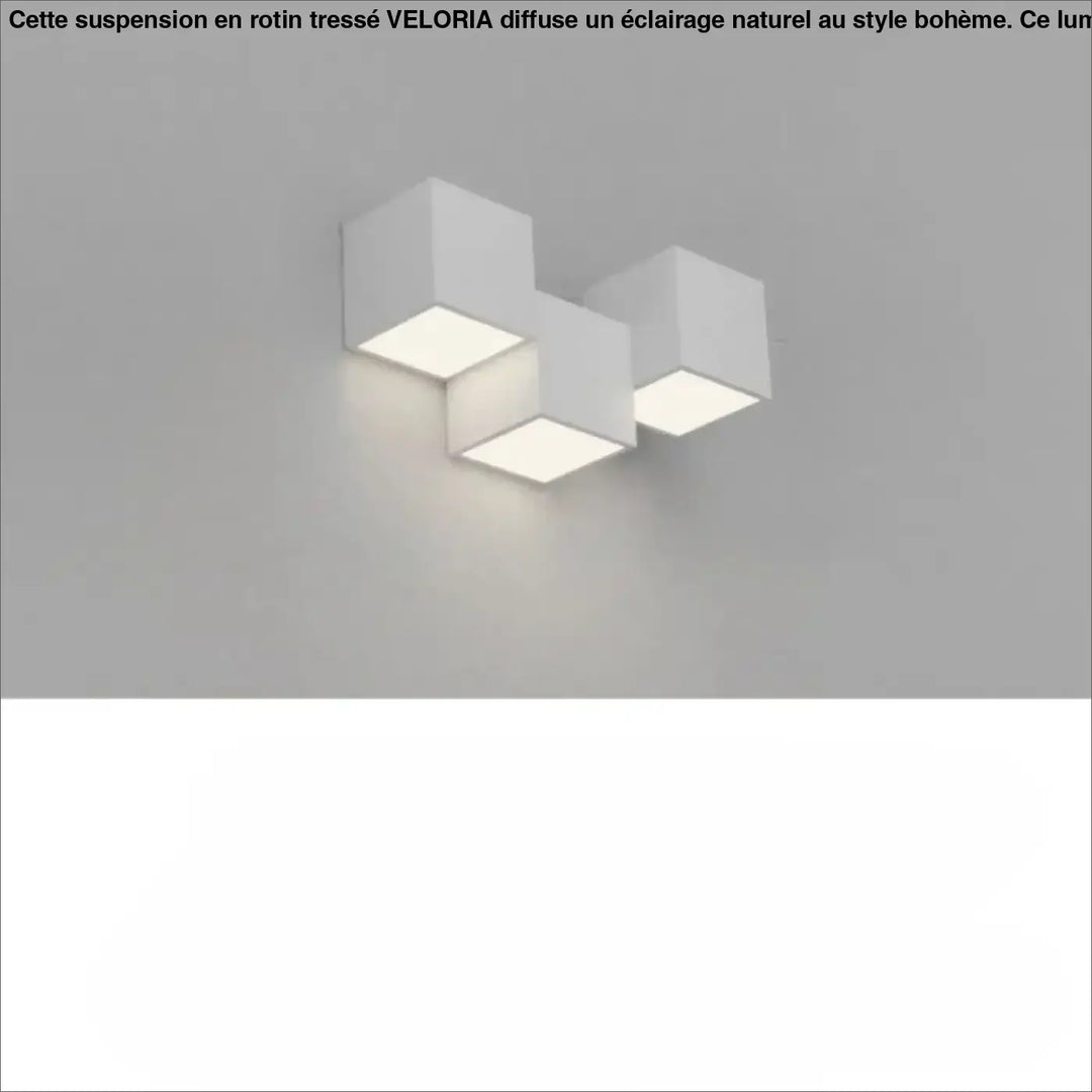 Applique murale kubora blanche en forme de cube avec trois carrés flottants lumineux pour effet lumineux moderne