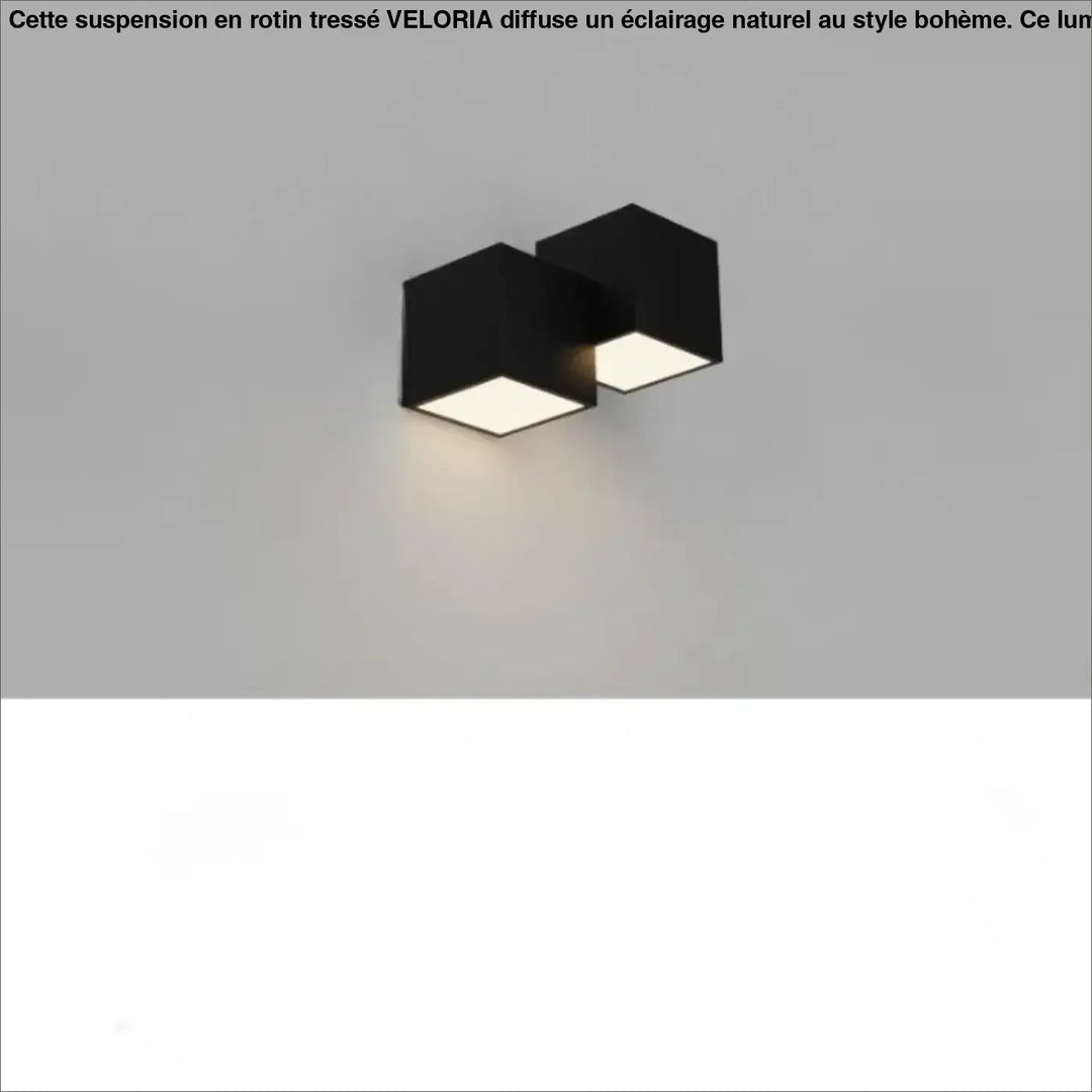 Applique murale noire hexagonale kubora avec deux carrés flottants lumineux pour effet lumineux décoratif