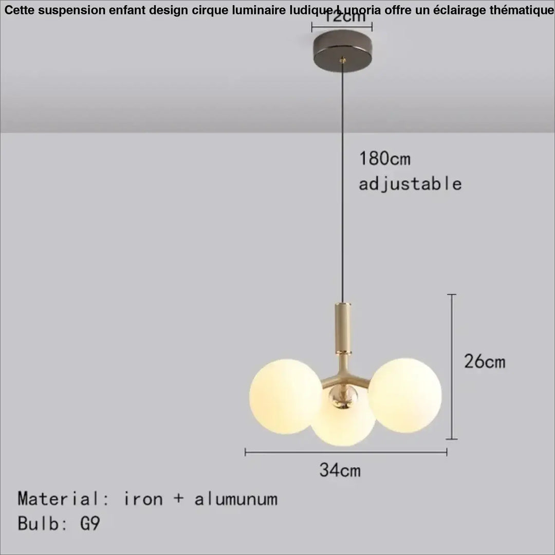 Suspension enfant design cirque luminaire ludique en laiton brossé avec 3 globes en verre dépoli en fer et aluminium