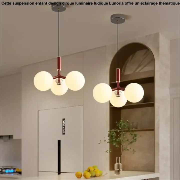 Suspension enfant design cirque luminaire ludique lunoria avec cadre métal bordeaux et trois globes en verre dépoli