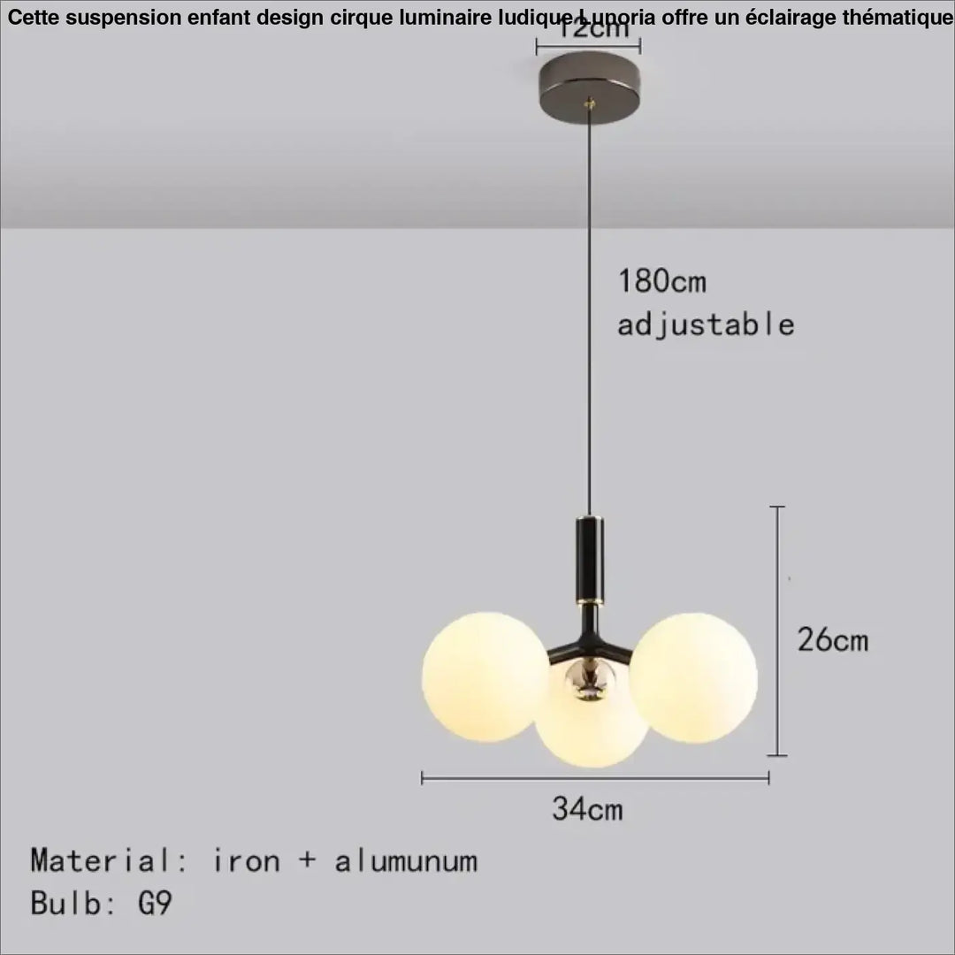 Suspension enfant design cirque luminaire ludique lunoria avec trois ampoules sphères en verre dépoli cadre noir en fer et aluminium