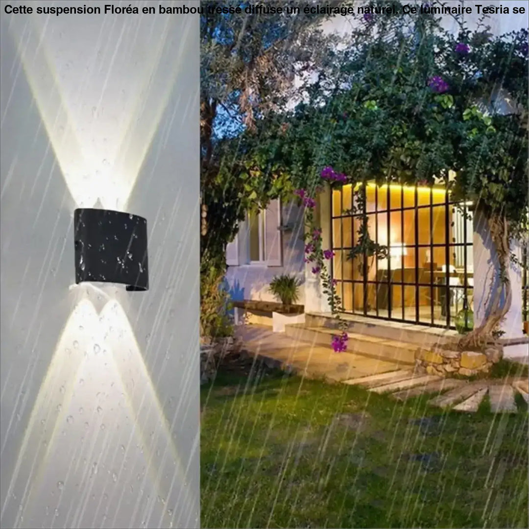 Applique murale extérieure noire rectangulaire avec faisceaux lumineux inclinés au-dessus d’un coin salon