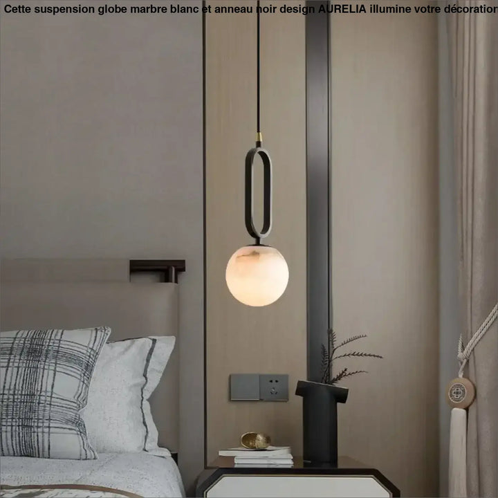 Suspension Globe Marbre Blanc et Anneau Noir Design Moderne Élégant