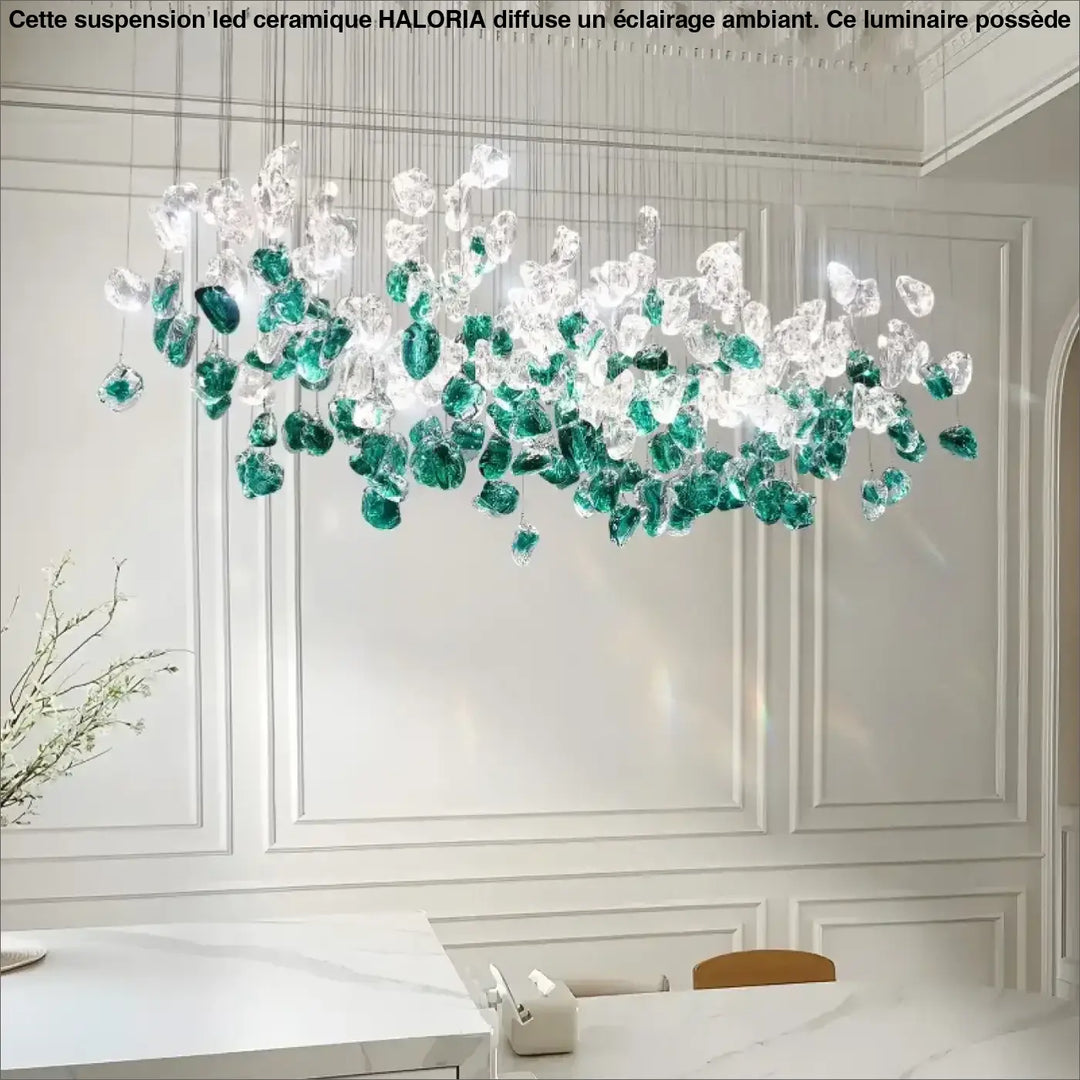 Suspension luminaire en cristal vert et transparent au style raffiné
