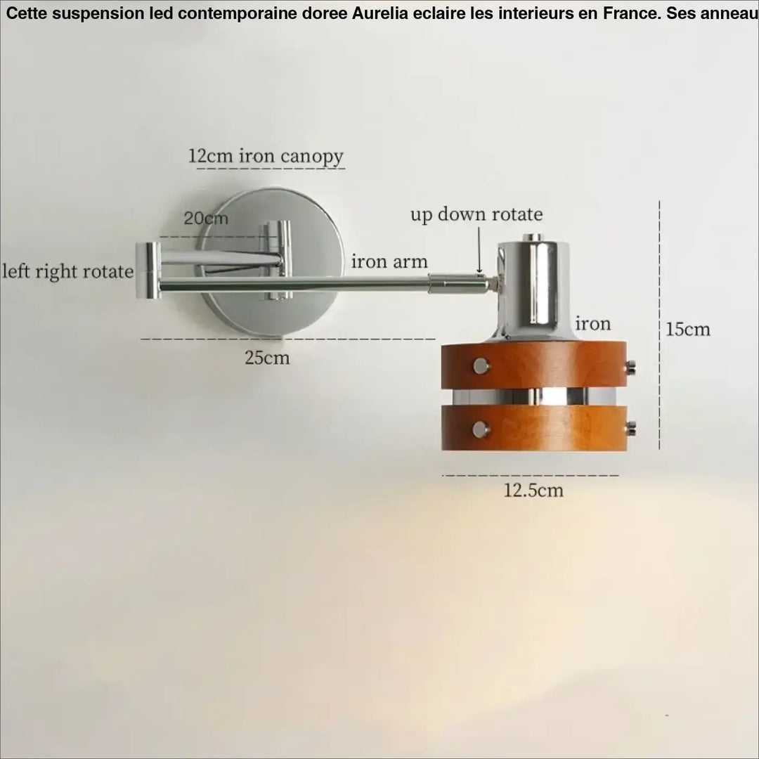 Suspension led contemporaine aurelia avec bras en fer chromé poli et abat-jour cylindrique en bois ton chaud